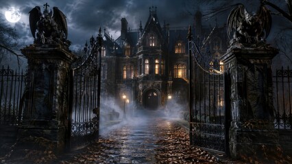 Obraz premium Spooky gothic haunted mansion with open iron gate and gargoyle statues at misty night. Full moon over dark castle manor. Mystery horror atmosphere for Halloween party background