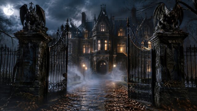 Spooky gothic haunted mansion with open iron gate and gargoyle statues at misty night. Full moon over dark castle manor. Mystery horror atmosphere for Halloween party background