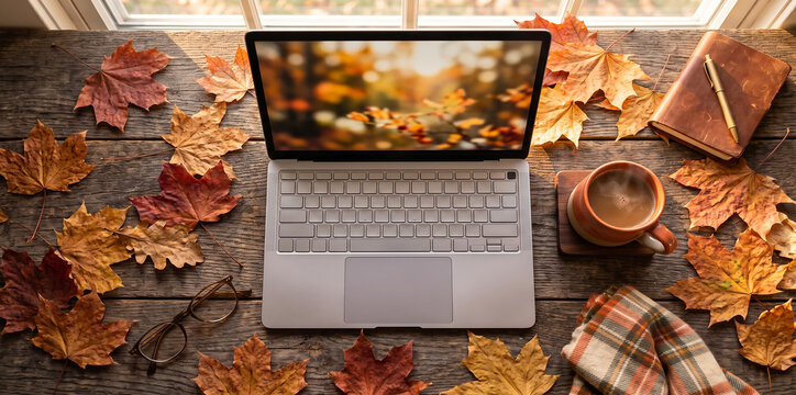 Laptop Coffee Autumn Leaves Desk