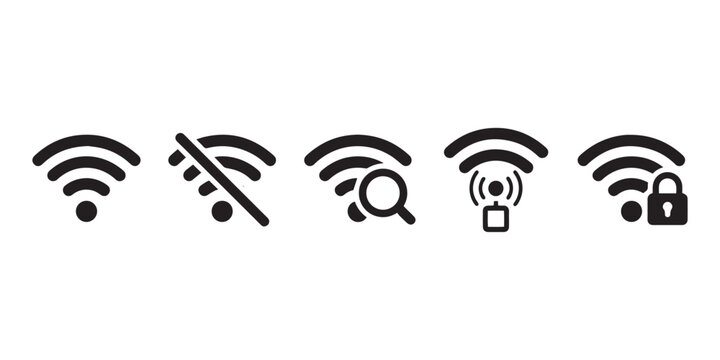 Wi-Fi icon set, connected and no Wi-Fi signal, internet connection and offline mode symbols, wireless network technology interface. Wireless and wifi icon. Wi-fi signal symbol. Internet Connection. 
