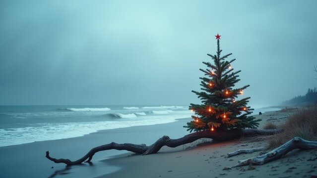 Photorealistic unusual Christmas scene on a cold northern beach, small decorated evergreen tree beside driftwood, overcast sky