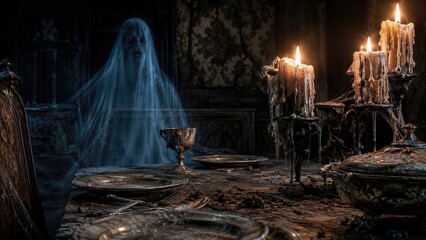 Fototapeta premium Ghost floating in dark abandoned dining room with old dusty table, melted candles, silver dishes and goblet. Spooky haunted house interior. Horror scene for Halloween.