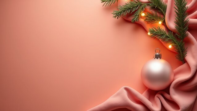 Photorealistic unconventional Christmas greeting card background, dusty coral velvet fabric, pale pink glass ornament, small evergreen branch and warm fairy lights
