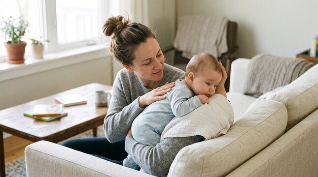 Candid mother burping baby on shoulder, young woman holding infant in bright living room, motherhood and childcare concept