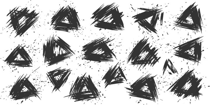 Abstract Triangle Graphics: A collection of abstract black triangle graphics with a rough, textured brushstroke effect and ink splatters, creating a modern, grunge art style.