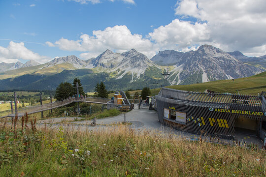 Brown bear rescue center "B&auml;renland" at Arosa, Swiss Alps, Switzerland with mountain range