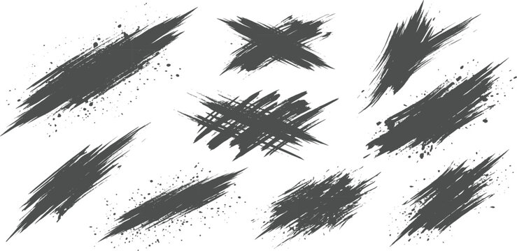 Set of Dark Brush Strokes and Splatters: A collection of rough, hand-drawn brush strokes and scattered paint splatters in dark gray tones, offering a grungy.