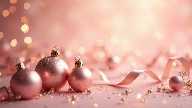 Photorealistic glamorous Christmas background in rose gold, blush pink and warm champagne, glossy ornaments, satin ribbon and glittering particles in foreground