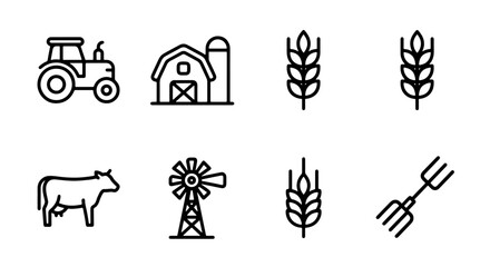 Fototapeta premium Farm Icons Set: Tractor, Barn, Wheat, Cow, Windmill, Pitchfork Vector Graphics