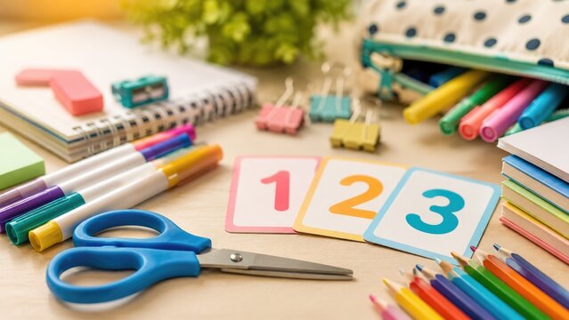 Colorful School Supplies with Number Cards Scissors Markers Pencils and Notebooks on Desk