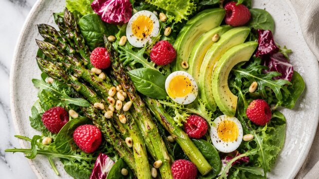 Healthy Green Salad with Grilled Asparagus Avocado Eggs Raspberries and Fresh Leafy Greens