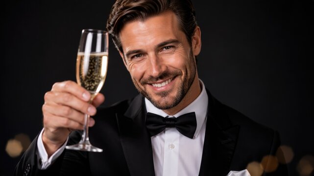 Elegant Smiling Man in Black Tuxedo Raising Champagne Glass During Formal Celebration