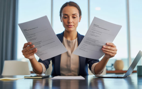 Businesswoman comparing two financial reports in bright modern office space.