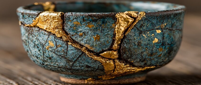 A close up of a cracked blue ceramic bowl repaired with gold lacquer on a wooden background.