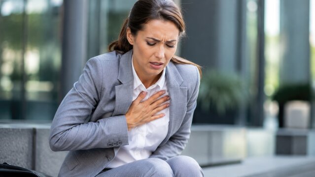 Businesswoman Experiencing Sudden Chest Pain While Sitting Outside Office Building