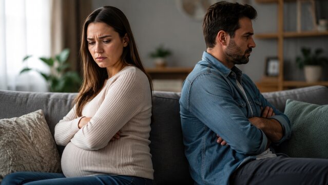 Unhappy Pregnant Couple Sitting Apart After Argument at Home