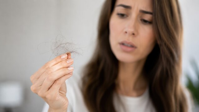 Worried Young Woman Holding Lost Hair and Concerned About Hair Loss