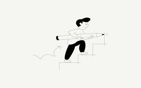 Hand drawn line art illustration of man walking up staircase made of pencil, minimalist sketch representing growth, progress, success, career development and motivation concept