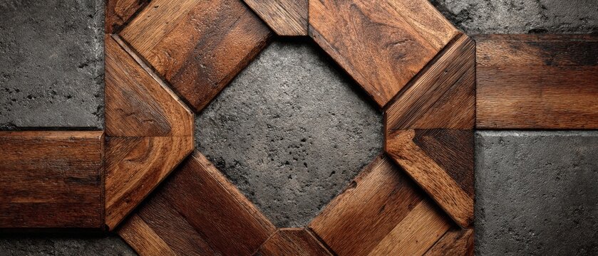 A geometric wooden pattern arranged over a rough concrete background, featuring octagonal and rectangular shapes. background