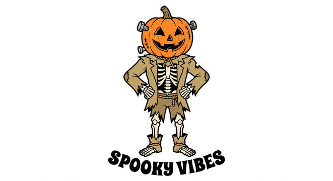 Spooky Vibes Pumpkin Frankenstein Scarecrow Halloween Vector Clipart