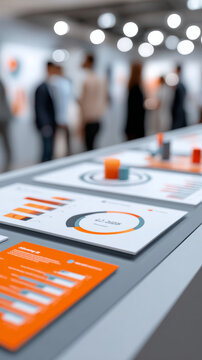 A table with several business reports on it, including a bar chart and pie charts in orange and grey colors