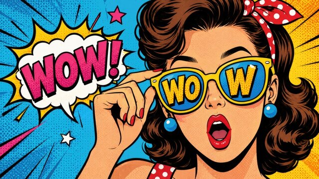 Surprised Retro Pop Art Woman Wearing Sunglasses with Colorful Comic Wow Design