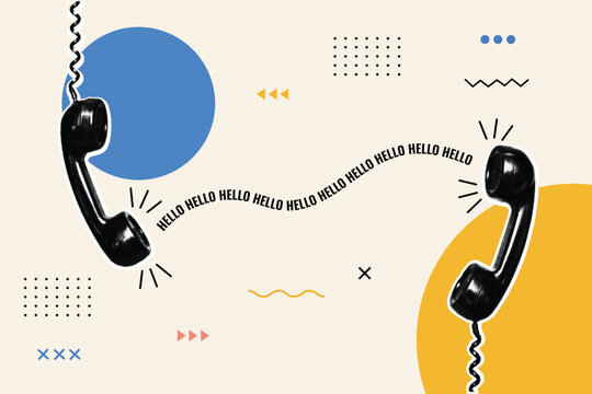 Two Retro Telephone Handsets with Hello Typography Between Them for a Communication Concept. Halftone Pop Art Collage of a Vintage Phone Call in Retro Comic Style