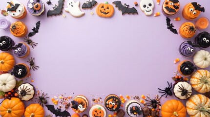 Fototapeta premium Halloween Border with Cakes, Bats, Spiders, and Small Pumpkins
