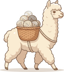 Fototapeta premium Cute Cartoon Alpaca Character Carrying a Basket Filled with Balls of Wool Yarn Vector Illustration for Knitting, Crafts, and Textile Theme Designs