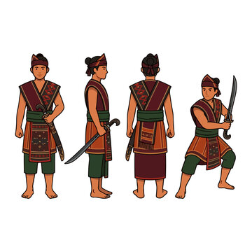Traditional Indonesian warrior character sheet wearing ethnic costume and holding a sword for silat martial arts fighter illustration