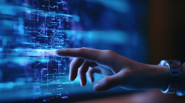 A hyper-detailed, photorealistic close-up of a human hand interacting seamlessly with a floating, glowing holographic nodal data interface. 
