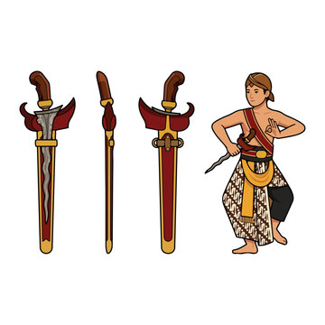 Javanese man with keris dagger wearing batik costume and blangkon in Indonesia culture illustration