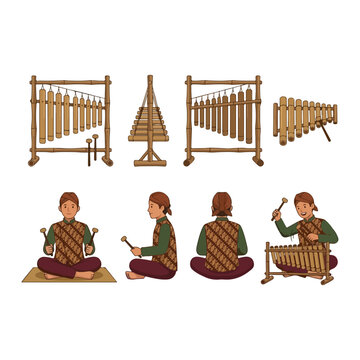 Indonesian traditional music angklung and calung bamboo instrument set with Javanese musician in batik