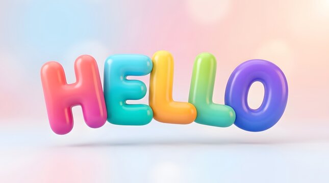 A vibrant three dimensional hello message featuring rounded bubble lettering in beautiful rainbow gradients set against a gentle soft pastel backdrop for greetings and