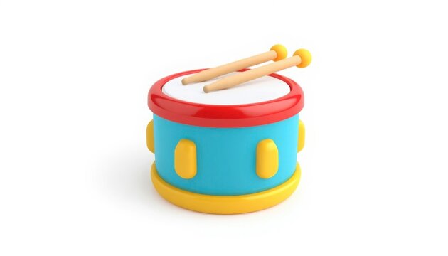 Colorful children drum toy featuring two wooden sticks displayed in a vibrant 3D on transparent background