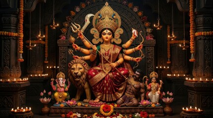 Fototapeta premium Goddess Durga idol with multiple arms seated on a lion in a temple setting