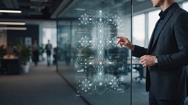 Professional businessman interacting with a futuristic digital interface on a glass wall in a modern corporate office