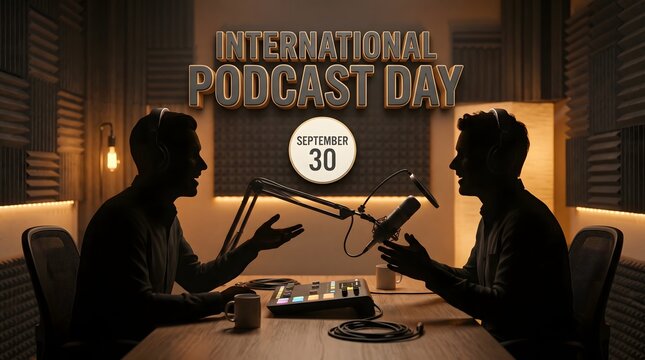 International Podcast Day celebration, two men recording in professional studio, September 30 broadcasting event