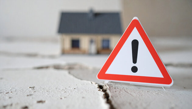Miniature yellow triangle warning sign standing on damaged concrete surface, blurred miniature house on background, property inspection and structural risk concept. Close-up.