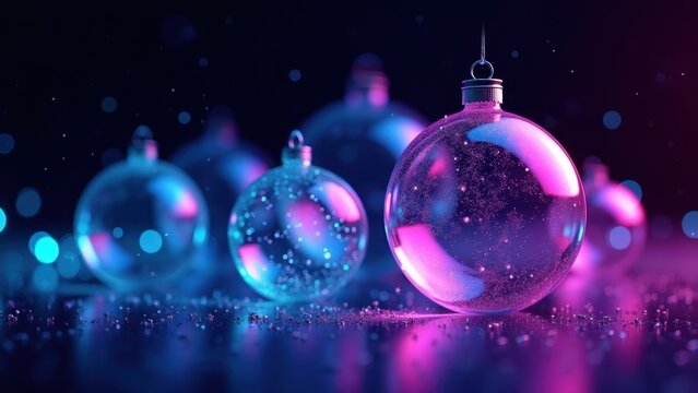 Photorealistic futuristic Christmas background, elegant transparent glass ornaments illuminated with neon cyan, violet and magenta lights
