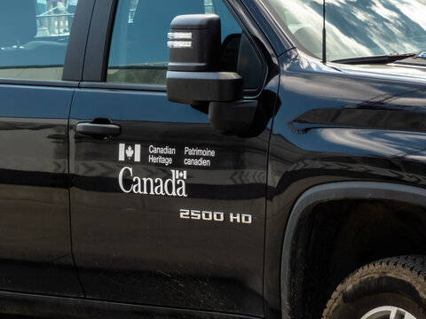 Ottawa, Ontario, Canada. Sep 10, 2026. Side view of Canadian Heritage government service pickup truck door with official Canada wordmark.
