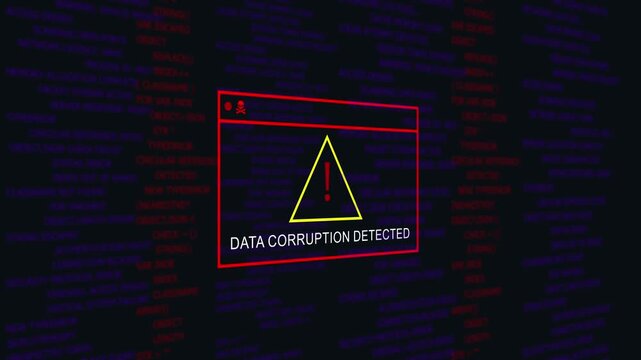 Critical data corruption detected warning alert displaying on dark digital interface with red system error code lines and cyber security threat notification for software development and network