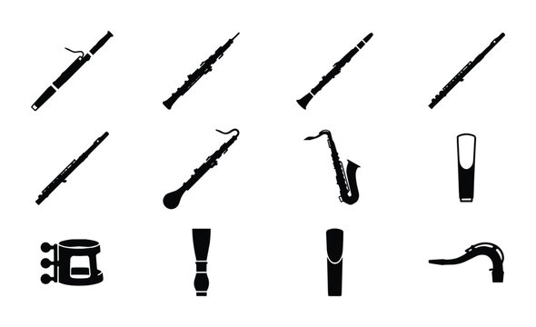 Woodwind Musical Instruments PNG Set, black silhouette collection
