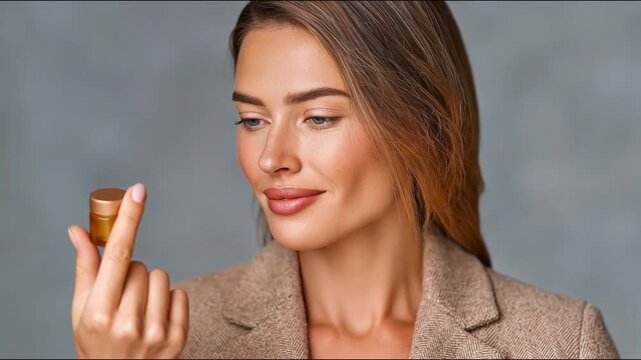 A beautiful woman in a beige blazer holds a small golden cosmetic jar, looking at it with a serene smile against a grey.