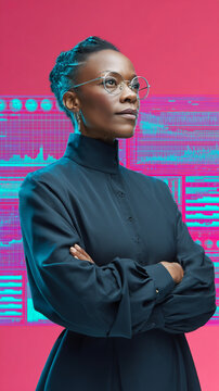A confident woman with glasses and braided hair stands in front of a colorful digital background, exuding an air of professionalism and determination