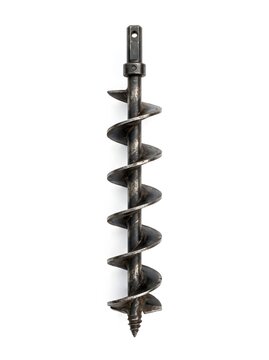 Metal spiral earth auger drill bit isolated on white background