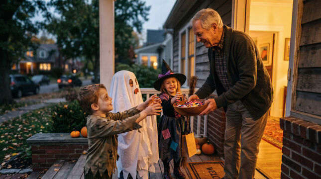 Excited kids wearing ghost and witch costumes reaching for halloween candy from senior man