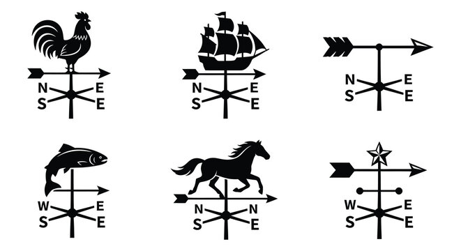 Collection of black vector wind vanes with cardinal direction markings on white