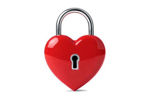 Red heart shaped padlock with silver shackle and keyhole isolated on transparent background