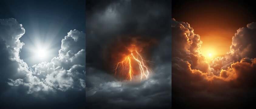 A triptych showing three sky scenes with clouds, sun, and lightning against a dark background.